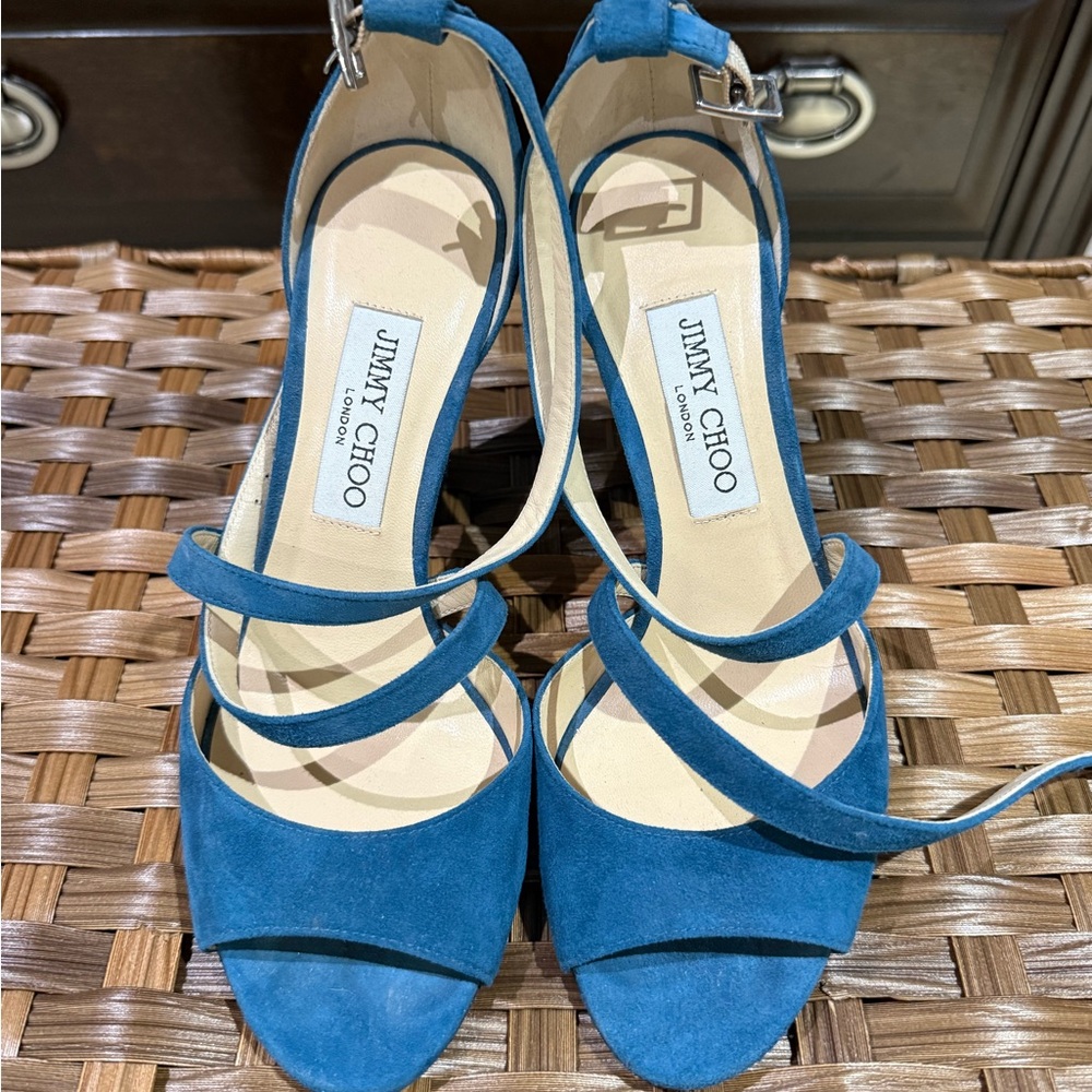 NOT FOR SALE! ‼️ Jimmy Choo Teal Suede Crisscross Block Heel Sandal - Picture 3 of 5